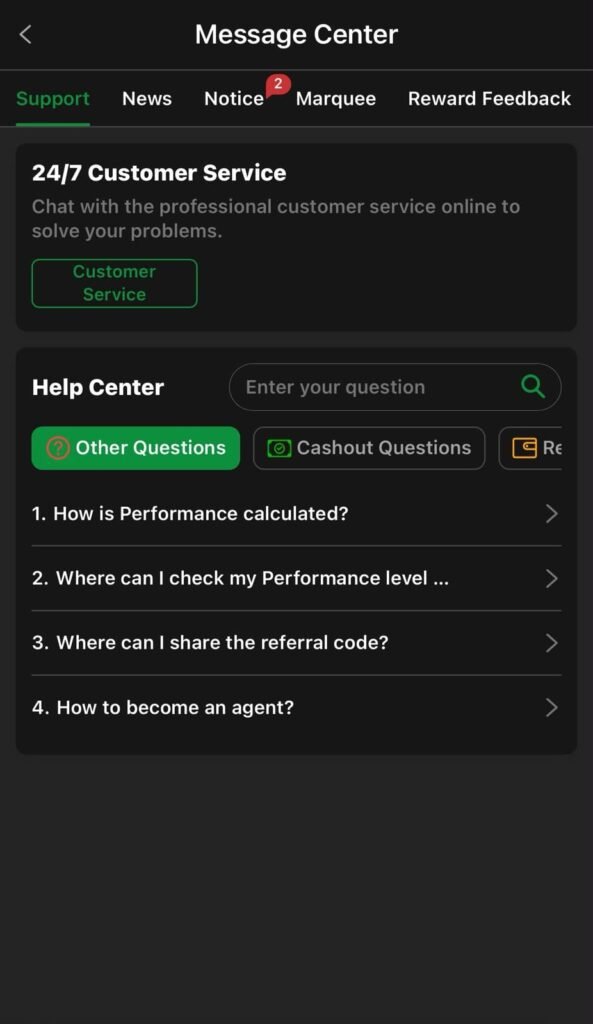 111WG Game support section showing customer service options, help center features, and user assistance tools.