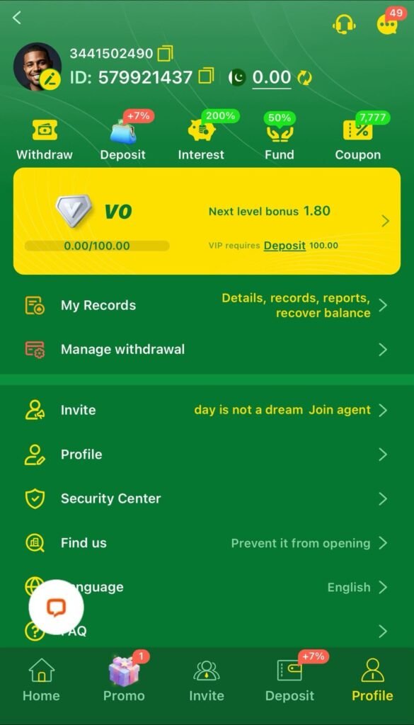 2A Game profile page displaying user account details.