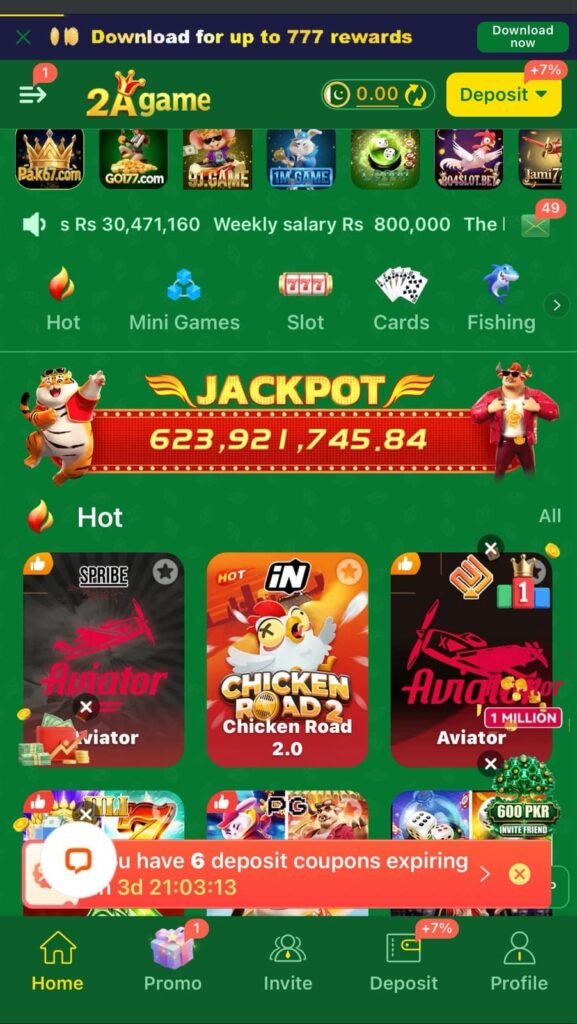2A Game slots screen featuring online gaming options.