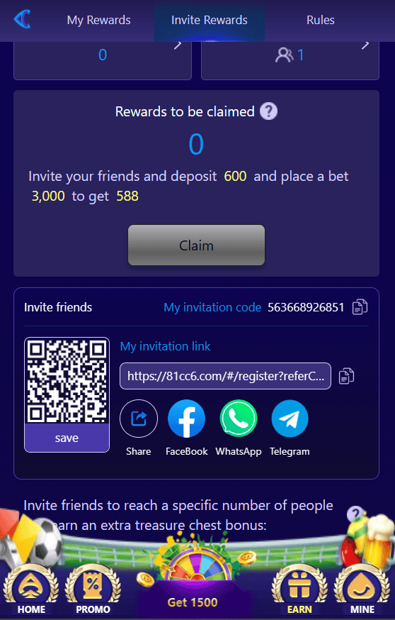 81CC Game referral feature showing how users can invite friends and check available rewards