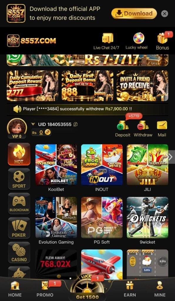 8557 Game APK Slots screen featuring colorful slot machine games, vibrant graphics, interactive gaming options, and a user-friendly interface.
