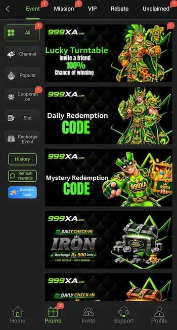 999XA Game rewards section showing available bonuses, gifts, and promotional offers