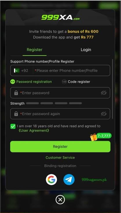 999XA Game login page showing the user account sign-in section