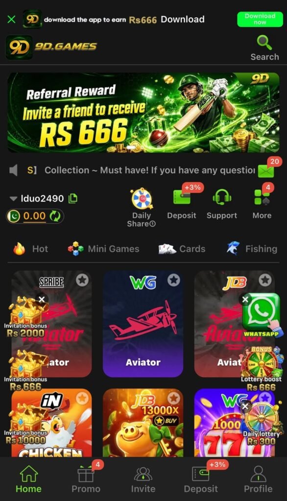 9D Game APK slots section featuring mobile gaming options.