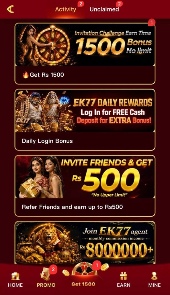 EK77 Game APK bonus offers and rewards section.
