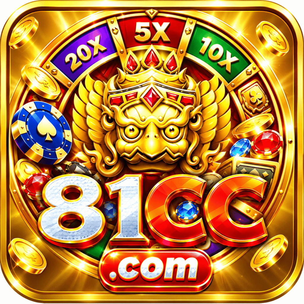 81CC Game APK logo with a golden crown, casino chips, slot symbols, and blue gaming background