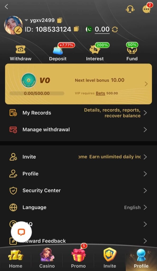 PKR999 Game APK profile section for managing user account details.