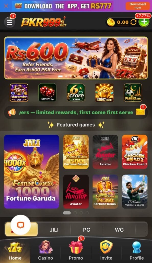 PKR999 Game APK slots section featuring online slot games.