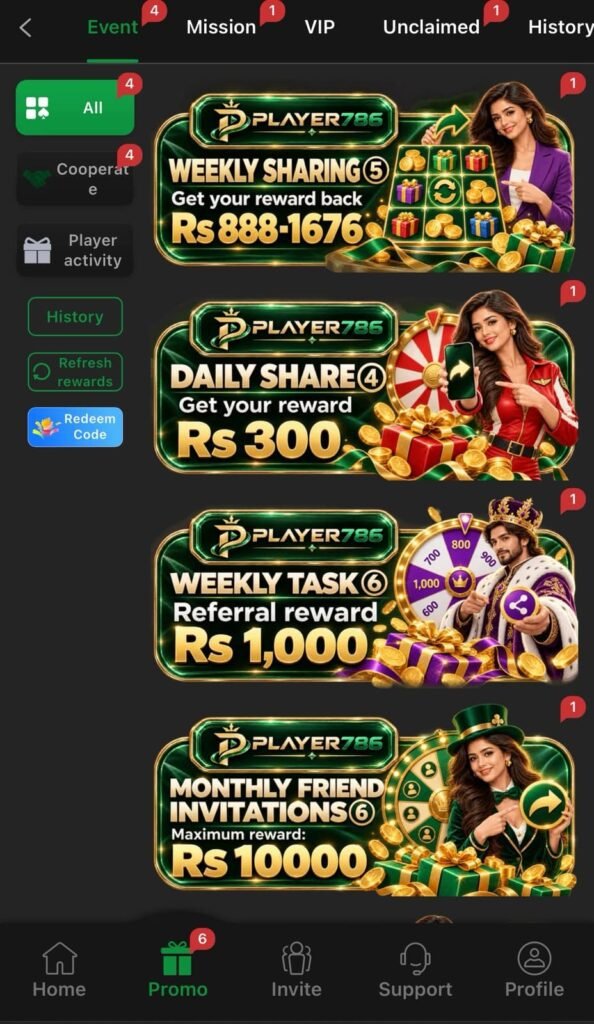 PLAYER786 Game bonus section displaying available promotional offers.
