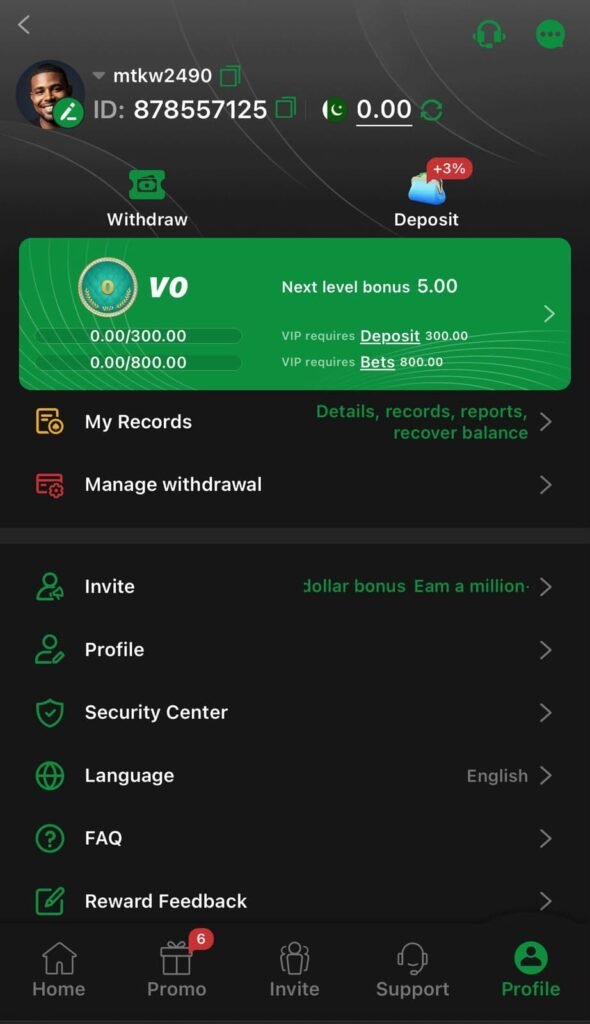 PLAYER786 Game profile page showing user account information.