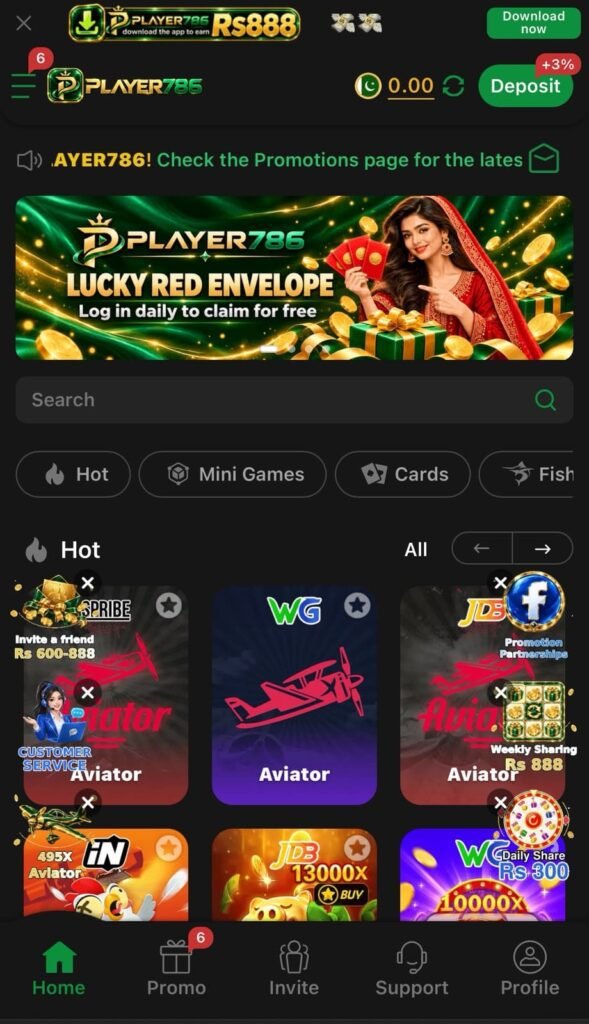 PLAYER786 Game slots interface featuring online slot games.