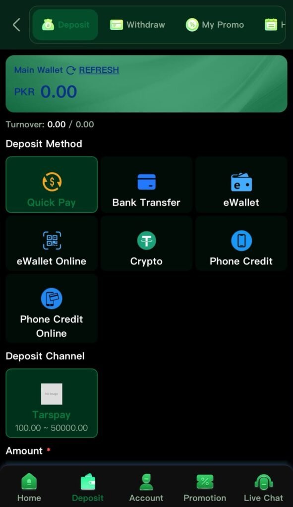 PXBET Game Deposit page showing secure payment options and a fast deposit interface.