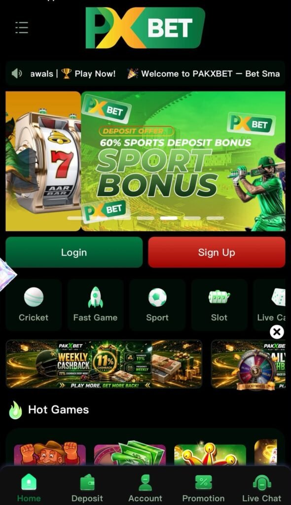 PXBET Game Slots screen featuring colorful slot reels, jackpot symbols, and exciting casino gameplay.