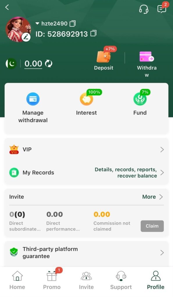 Z7 Game APK profile page showing user account information.