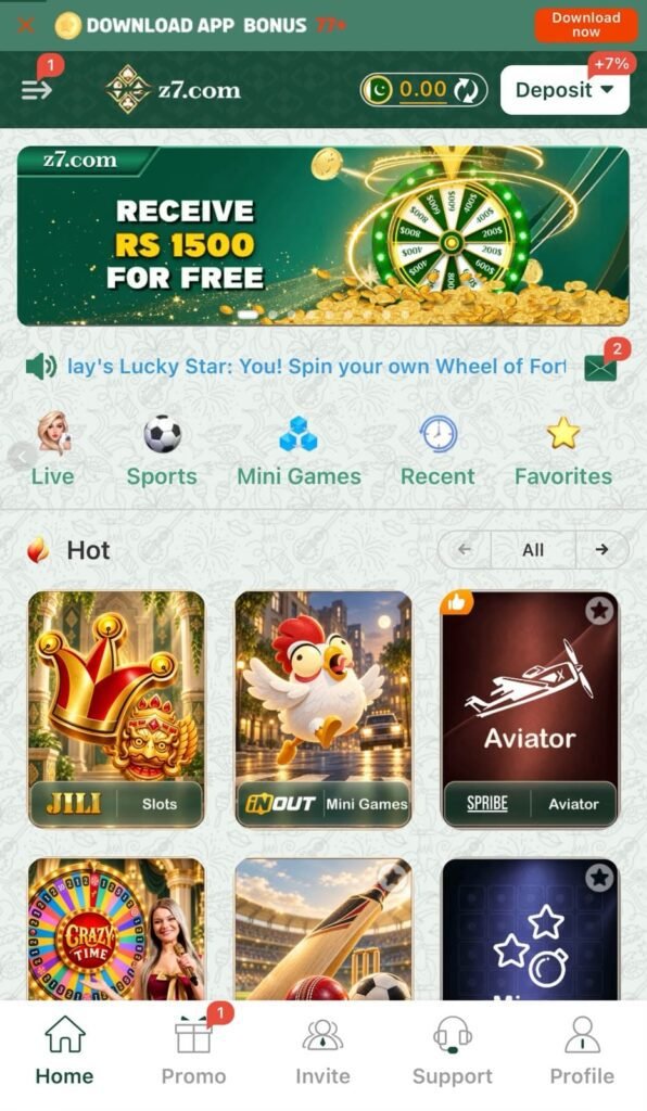 Z7 Game APK slots gaming interface.