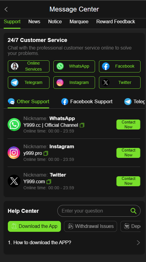 Y999 24/7 customer service support